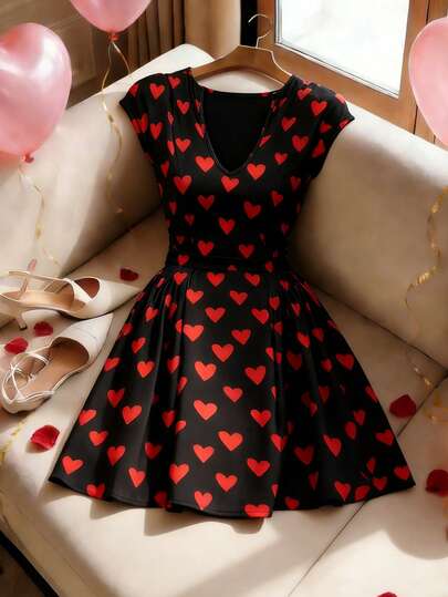 Franclia Women's Fashionable V-Neck Heart Print Summer Dress Heart Dress Cute Black Dress Black Heart Dress Dress Birthday Women Romwe Dress
