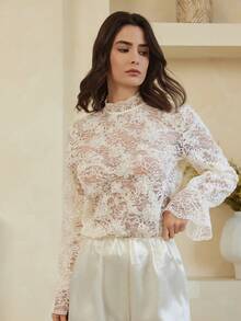 Dazy-Less Elegant Lace Women's Shirt, Waist Cinched Design, Casual For Commuting, Suitable For Spring, Summer, Valentine's Day, Wedding - White - View 5