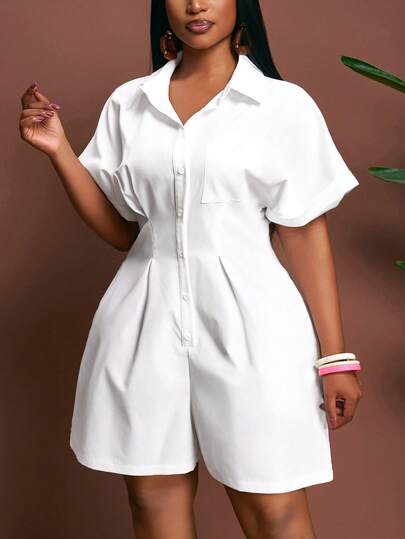 Slaydiva Mono corto de tela semitransparente con cuello de camisa, bolsillo, puños enrollados y cintura, en color blanco sólido, para primavera/verano, uso casual, de viaje, de calle y de festival de música, talla grande