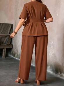 EMERY ROSE Plus Size Women's Solid Color Oblique Placket Bow Tie Waist Shirt And Pants 2 Pieces Set, Casual Vacation & Commute Outfit - Mocha Brown - View 2