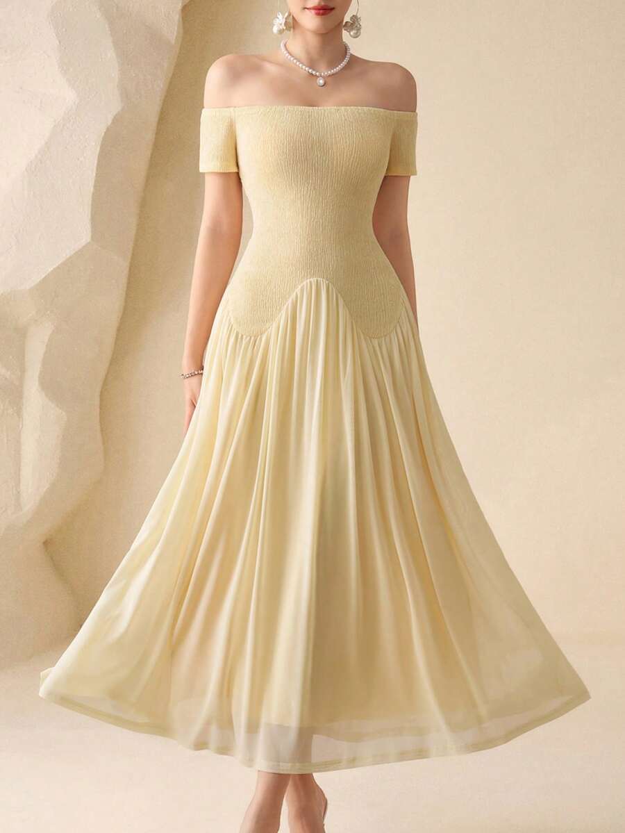 Modelyn 淡黄色撞色网纱露肩短袖优雅度假连衣裙