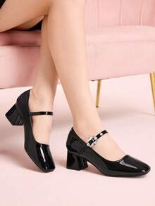 CUCCOO DOLLMOD Tacones altos de estilo Mary Jane con punta redonda, hebilla de strass y cuero patentado negro, un estilo dulce y lindo para el campus, versátil para looks de citas - Negro - Ver 1