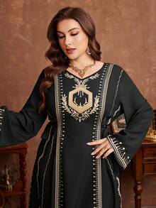 Al Najma 大码女式宽松印花长连衣裙，适合春秋季休闲穿着和聚会。 - 黑色 - 查看 3