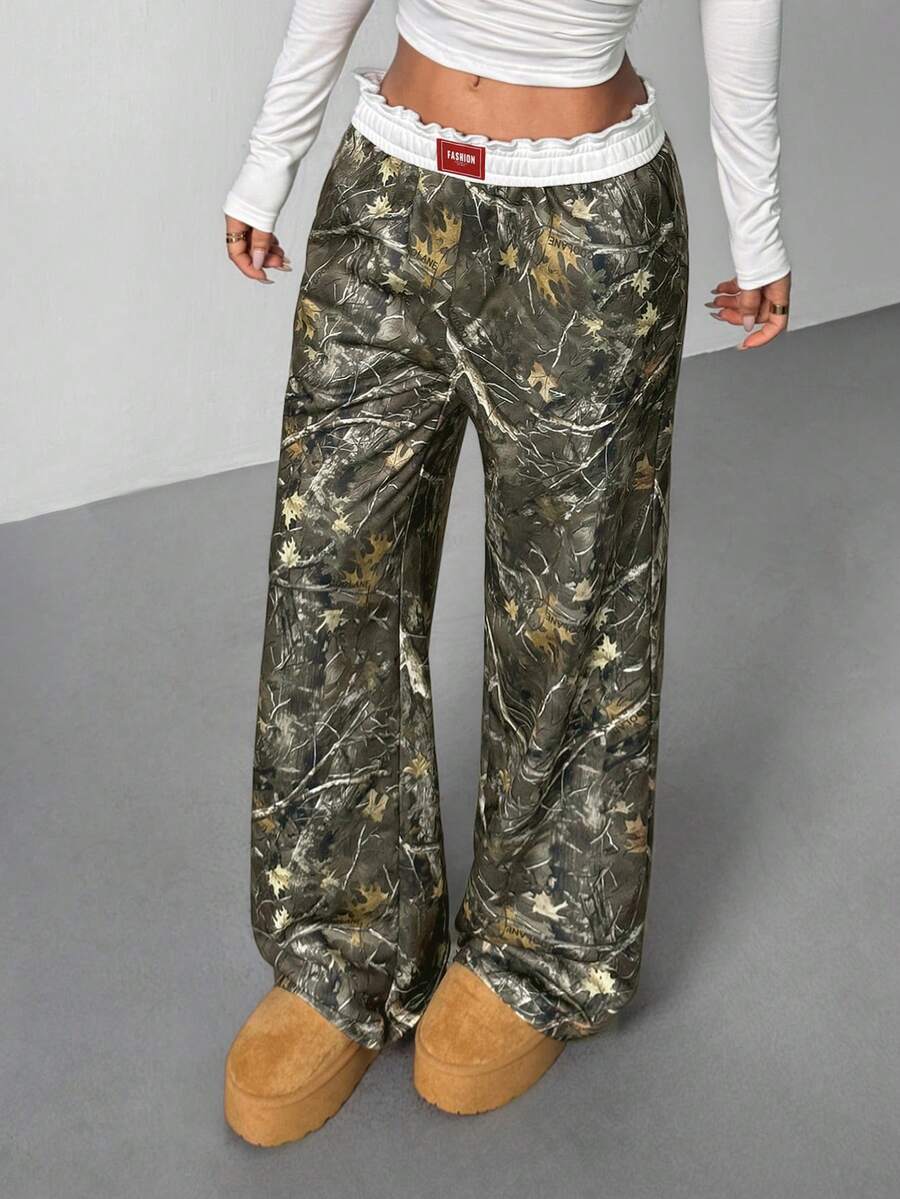 SHEIN PETITE Women's Tree Branch Pattern Wide Leg Casual Pants - Army Green - View 1