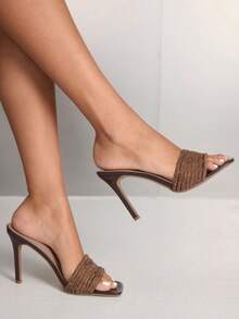 CUCCOO SZL Women's French Style High Heel Shoes With Rhinestone Ankle Strap, Shiny Nightclub Party Runway Sandals, Summer Open Toe & Heel Slides Valentine's Day - Brown - View 1