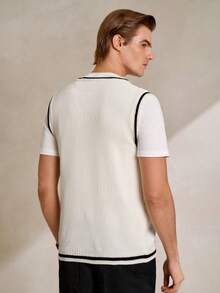 Manfinity CityGents Men's Casual Daily Contrast Trim Cable Knit V-Neck Sweater Vest Men Knit Tops Cream Top Men Men Knit Tank Top Men Cable Knit Men Summer Wear - Multicolor - View 2