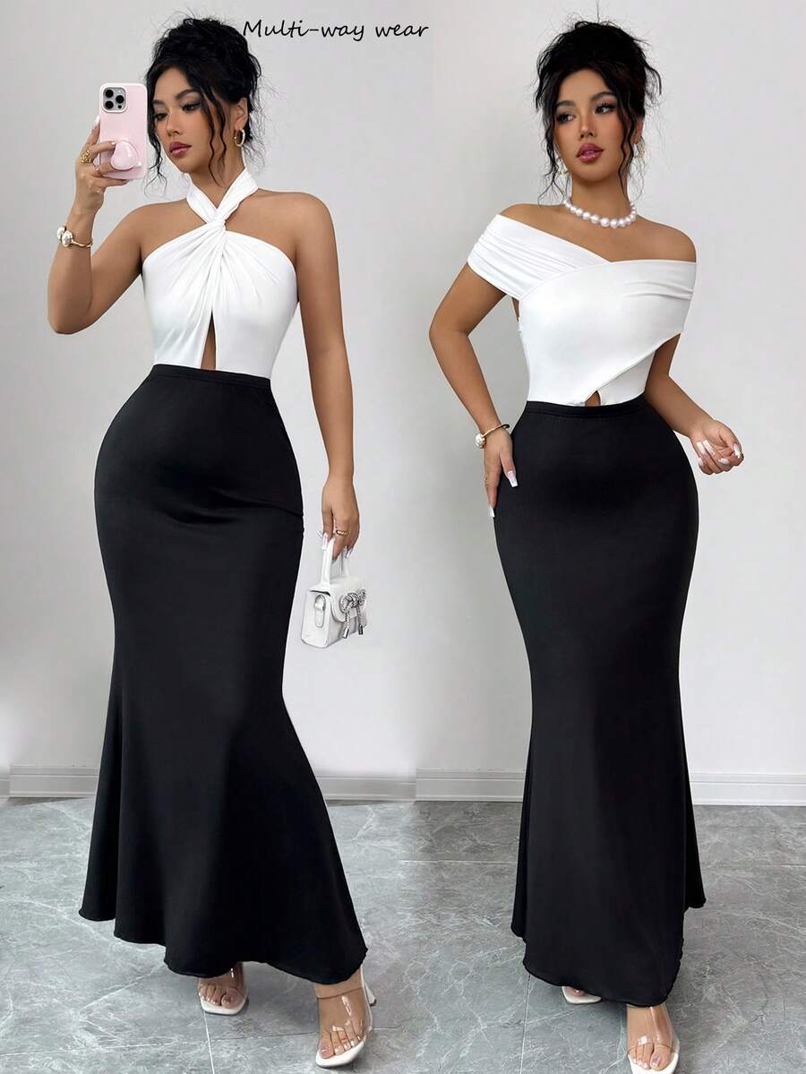 Rafferiza Women's Elegant & Romantic Black & White Color Block Bodycon Maxi Dress, Versatile Styling - Brown - View 1