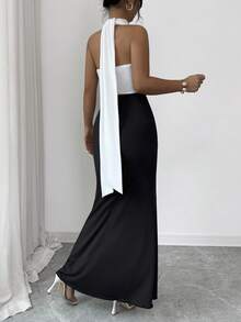 Rafferiza Women's Elegant & Romantic Black & White Color Block Bodycon Maxi Dress, Versatile Styling - Brown - View 2