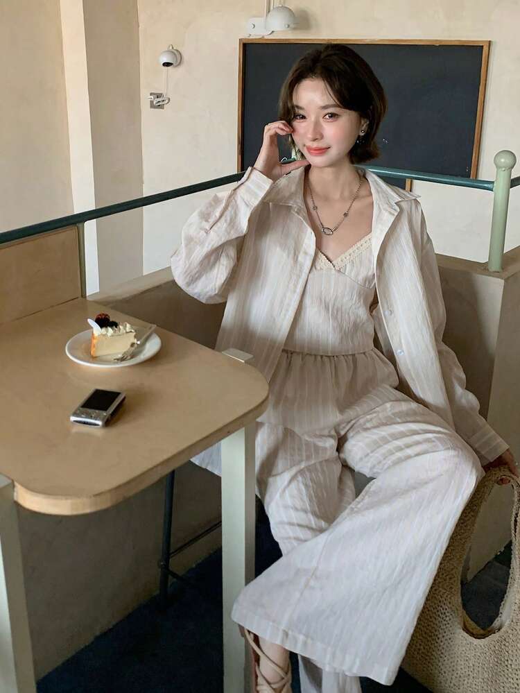 Women's Striped Drop Shoulder Long Sleeve Shirt, Camisole And Pants Casual Suit