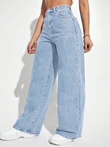 SHEIN EZwear 大码休闲宽松直筒牛仔裤，带口袋，百搭浅色牛仔裤 - 淺色水洗藍 - 查看 4