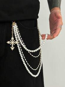 ROMWE Fairycore 1条复古嘻哈简约仿珍珠腰链，男士个性化朋克十字架吊坠身体链，适合日常音乐节派对佩戴，也可作为送给同学和朋友的礼物。 - 金黃色-十字架珍珠 - 查看 6