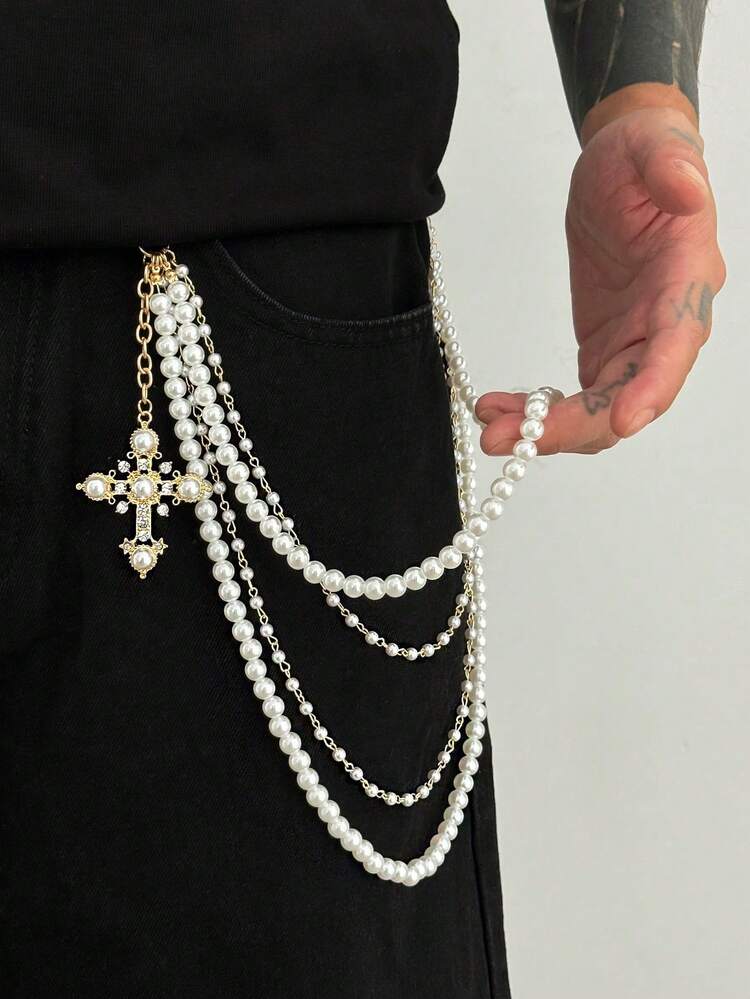 ROMWE Fairycore 1 Piece Of Retro Hip-Hop Simple Imitation Pearl Waist Chain, Men's Personalized Punk Cross Pendant Body Chain, Worn At Daily Music Festival Parties, Gifts For Classmates And Friends - Golden Yellow - Cross Pearl - View 6