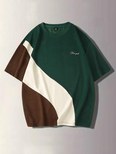 GALLERY FADE Men's Colorblock Letter Print Round Neck Casual Short Sleeve T-Shirt