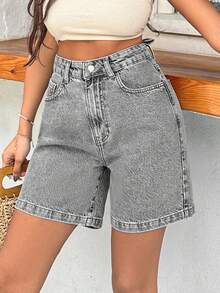 EURMUSE 100%Cotton Rigid Medium Wash Women Short - Grey - View 6