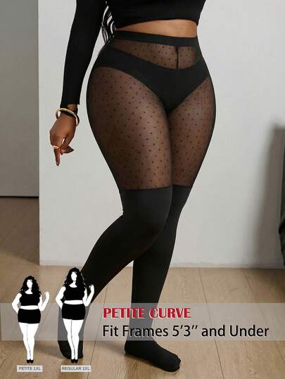SHEIN PETITE CURVE 女士加大码，情人节，情人节长筒袜，黑色加大码紧身裤，防滑过膝长筒袜，黑色网眼拼接打底裤，休闲日常穿着，简约时尚