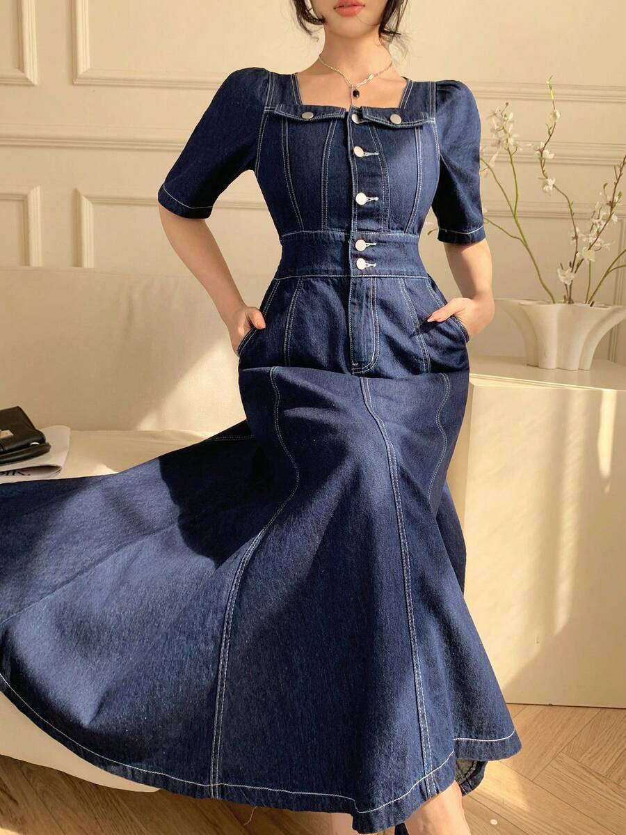 DAZY Women's Casual Washed Fake Pocket Square Neck Puff Sleeve Denim Dress, Summer - Dark Wash - View 1