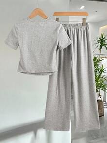 Tween Girl Embroidered Crew Neck Short Sleeve T-Shirt And Elastic Waist Pants Casual Outfit - Grey - View 5