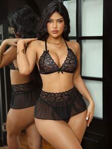 3pcs Sexy Lace Patchwork Lingerie Set - Black - View 4