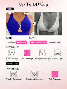 Voyashape 女士纯色褶皱镂空连体泳衣，性感度假之选 - 寶藍色 - 查看 4