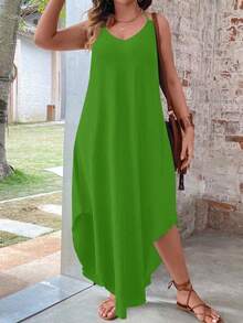 EMERY ROSE 大码纯色度假休闲连衣裙，弧形下摆，女士长款套装 - 綠色 - 查看 4