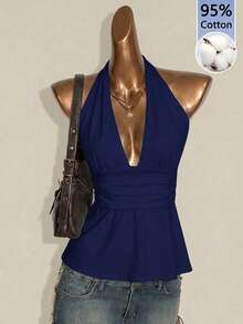 SHEIN ICON 95% Cotton Halter Deep V-Neck Cinched Waist A-Line Backless Tank Top, Solid Blue - Navy Blue - View 8