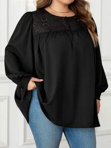 SHEIN CURVE+ Áo kiểu nữ cỡ lớn tay dài cổ tròn thắt nơ phía trước, họa tiết nhiệt đới cổ điển, phong cách Bohemian, trang phục nghỉ dưỡng, Ibiza, mùa thu. - màu đen - Xem 10