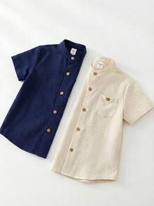 SHEIN 两件装男童休闲韩版纯色翻领宽松衬衫，两种颜色可选，每款可买一套或两套，适合上学、居家、度假、运动穿着，适合春夏季节，买一送一，两件超值优惠，送礼佳品。 - 彩色 - 查看 7