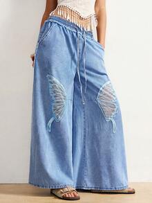 Bohemela Quần jeans nữ cạp cao, ống rộng, co giãn, thiết kế dáng rộng hình bướm và chất liệu vải mỏng nhẹ. Màu xanh nhạt. Thích hợp cho mùa hè, xuân, ngày lễ tình nhân, lễ hội, đi biển, du lịch, mặc thường ngày. - Rửa nhẹ - Xem 6
