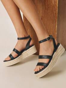 Styleloop Sandalias de cuña con plataforma para mujer, sandalias de cuña con plataforma casual de unicolor y tejido de moda con suela gruesa, sandalias de cuña de lona con correa de tobillo estilo bohemio retro, estilo de atuendo para fiesta del festival de música del oeste americano, atuendo de vacaciones, esencial de viaje - Negro 6 - Ver 4