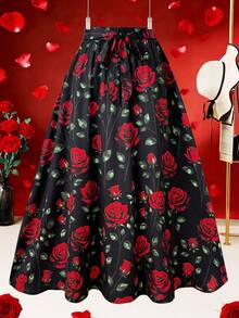 Franclia Plus Size Women's Casual Elegant Valentine's Day Rose Print A-Line Skirt Black Floral Skirt Black Rose Skirt Long Floral Skirt Rose Print Skirt Rose Skirt - Black - View 1