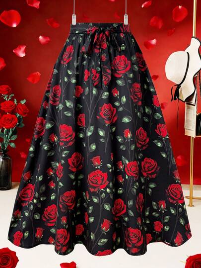 Franclia Plus Size Women's Casual Elegant Valentine's Day Rose Print A-Line Skirt Black Floral Skirt Black Rose Skirt Long Floral Skirt Rose Print Skirt Rose Skirt