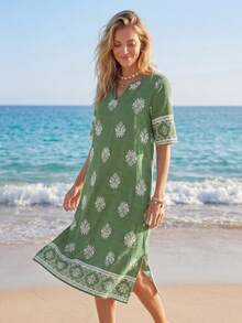 Sylviya 女士度假休闲印花中长连衣裙 绿色夏季连衣裙 女士短袖夏季连衣裙 女士度假连衣裙 - 綠色 - 查看 4