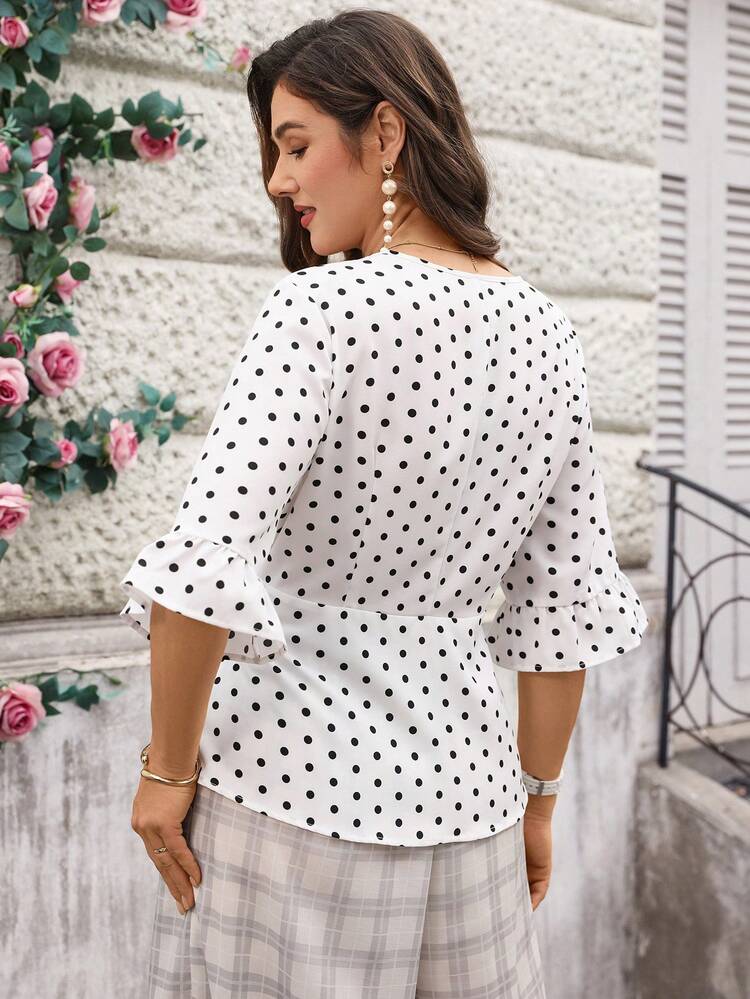 Plus Size Women Polka Dot Print Overlap V-Neck Side Tie Short Sleeve Blouse For Summer/ Vacation, Polkadot Blouse Tie Waist Top Elegant Blouses For Women Polkadot Top Wraparound Blouse Wrap Tops For Women Peplum Tops Business Casual Woman Top, Summer Tops