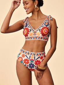 Travachic 女士印花扭结前襟性感比基尼泳衣套装，夏季沙滩 - 彩色 - 查看 4