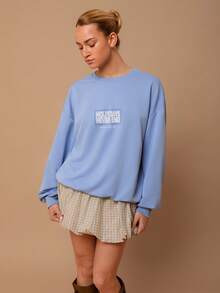 SURIMA Casual Minimalist Printed Pattern Hooded Long Sleeve Loose Fit Women Sweatshirt - Dusty Blue - View 5