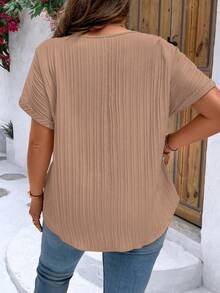 EMERY ROSE Plus Size Women's Solid Color Simple Daily Short Sleeve Shirt For New Year Clothes - Khaki - View 2