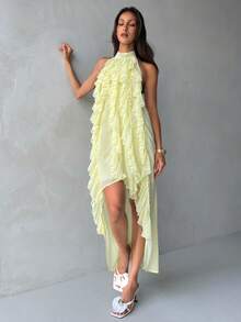 Aloruh 浅黄色荷叶边浪漫无袖不对称中长连衣裙，度假连衣裙 - 淡黃色 - 查看 3