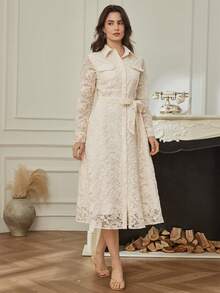 DAZY Elegant White Lace Long Dress, Slim Fit, Suitable For Spring, Summer, Valentine's Day, Party, Commuting Sundress - White - View 6