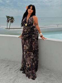 Rustia 性感V领印花修身优雅紧身吊带连衣裙 - 棕色 - 查看 3