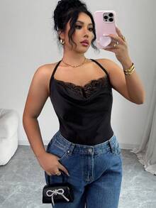 SHEIN Clasi Women's Elegant French Lace Satin Camisole - Black - View 7