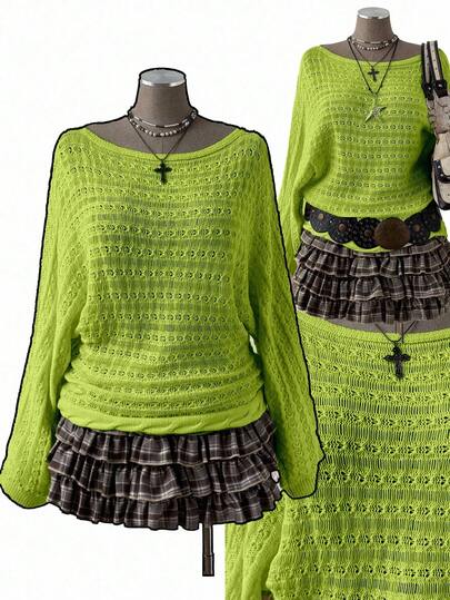 Sunspun Suéter de punto holgado de manga larga con mangas acampanadas y diseño calado de unicolor en estilo bohemio/Y2K para mujer de talla grande, adecuado para vacaciones y todas las estaciones