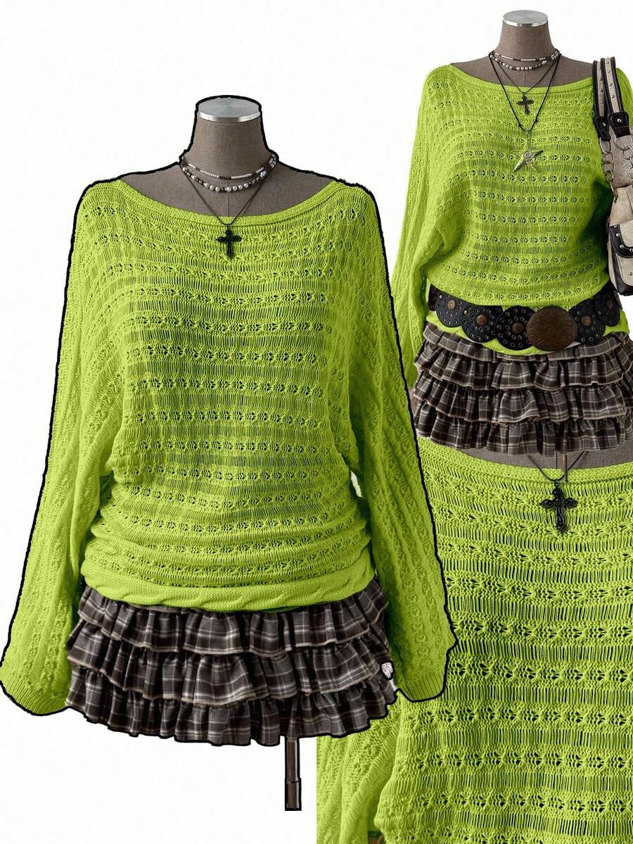 Sunspun Áo len dài tay dáng rộng, màu trơn, kiểu Bohemian/Y2K dành cho nữ, cỡ lớn, có họa tiết khoét lỗ, thích hợp cho kỳ nghỉ và mọi mùa. - màu xanh lá - Xem 1