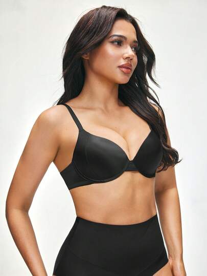 SHAPORA 一件黑色光滑钢圈文胸，双排纽扣设计，提供支撑性乳沟