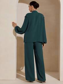 Graceveil 两件套：优雅橄榄绿荷叶边衬衫+裤子，时尚设计 - 墨綠色 - 查看 3