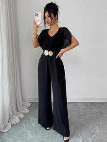 Elenzga 新款轻盈雪纺纯色短袖连体裤，V领设计，侧边口袋，喇叭袖，阔腿剪裁，优雅时尚，是春夏休闲穿搭的理想之选。黑色连体裤，优雅阔腿连体裤，女士连体裤套装，黑色连体裤，女士连体裤，优雅连体裤 - 黑色 - 查看 4