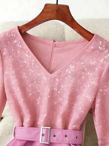 GlowEve Đầm ôm sát cổ chữ V xếp ly, phối sequin và da giả, kiểu dáng thanh lịch dành cho nữ, tôn dáng, thích hợp cho mùa thu/đông. - Hồng - Xem 6