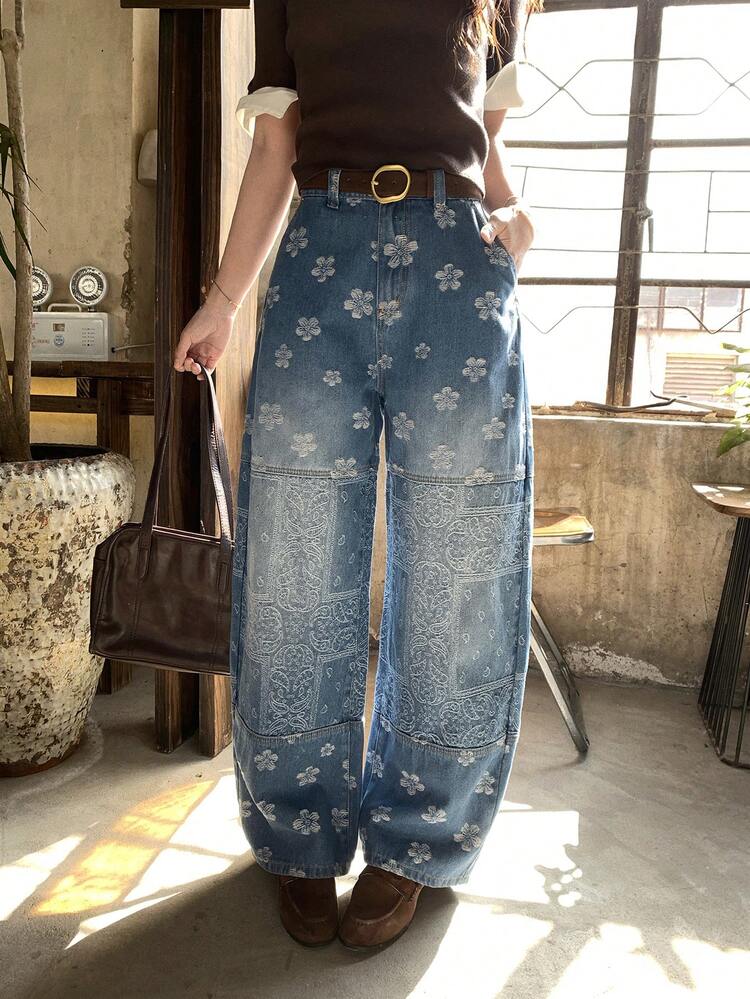 Women's Floral Print Straight Leg Jeans, Casual Street Style