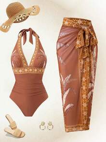 Swim Oasis 2026新款春夏两件套女士泳衣，欧美进口定位印花沙滩度假连体泳衣套装，夏季网纱泳衣 - 咖啡棕 - 查看 1