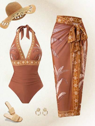 Swim Oasis 2026 New Spring/Summer 2pcs Women Swimsuit, Imported European & American Positioning Print Beach Resort One-Piece Swimwear Set, Summer Mesh Swimsuit