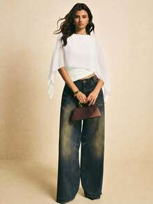 Poéselle Áo thun nữ màu trơn cổ tròn, kiểu dáng ôm sát, vạt áo bất đối xứng. - trắng - Xem 2